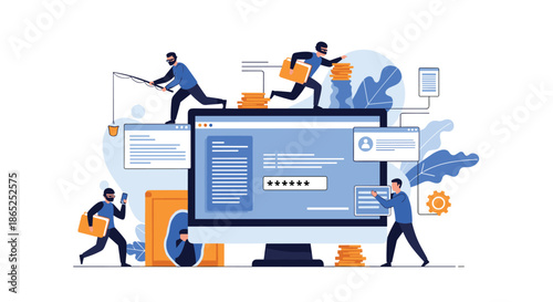Cyber security concept showing masked hackers stealing sensitive data and private files from a large modern computer monitor screen.
