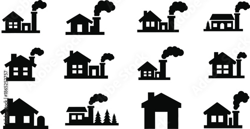Charming house icons with smoke various designs on transparent background silhouette