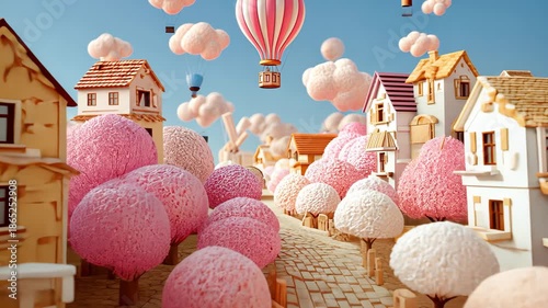 Whimsical Village Fantasy Landscape with Pastel Colors, Hot Air Balloons, and Blooming Trees in Surreal Cartoon Style