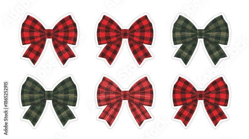  Template set sticker red and green ribbon Buffalo plaid bow collection, farmhouse style bow isolated on the white background birthday bow illustration with png Transparent 