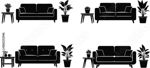 Black sofa and plant arrangements in a room silhouette on transparent background