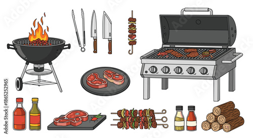 Comprehensive set of barbecue equipment and ingredients including charcoal and gas grills, raw meat steaks, skewers, sauces, and firewood.
