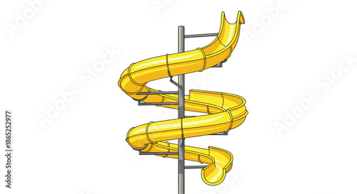 Large yellow multi-level spiral water slide supported by a central metal pole, ready for use at a water park or recreational facility.
