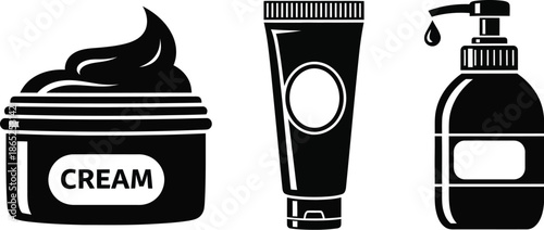 Cosmetic products including cream tube and dispenser bottle on transparent background silhouette