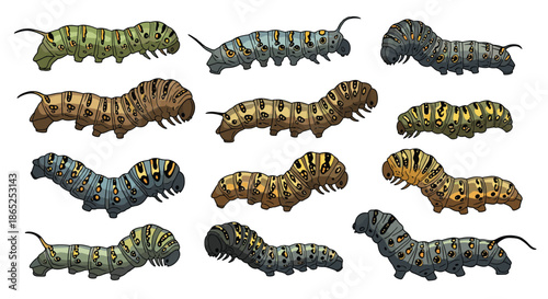 Detailed biological illustration of various caterpillar species in multiple colors and patterns shown from a side profile on a white background.