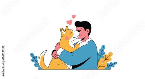 Sweet illustration of a man affectionately hugging a smiling Shiba Inu dog with small red hearts above them to symbolize their strong bond.