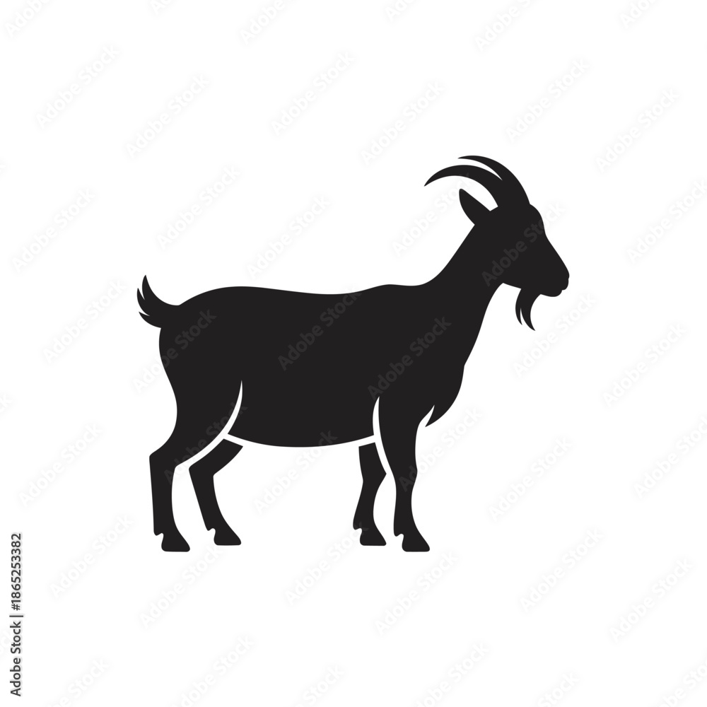 Fototapeta premium A black silhouette illustration of a farm goat standing and facing right