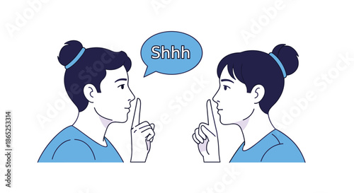 Illustration of two women in profile making a hush gesture with their fingers to their lips and a Shhh speech bubble for quiet.