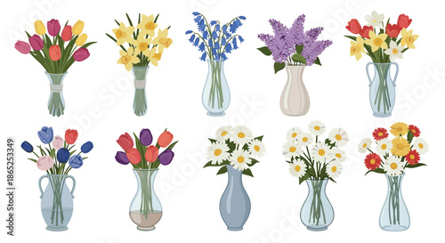 Diverse collection of colorful flower bouquets including tulips, lilies, and daisies arranged in different glass and ceramic vases.