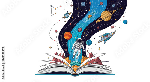 Imaginative illustration of an open book with an entire universe of planets, stars, and an astronaut emerging from its pages.
