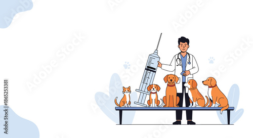 Professional veterinarian in a white coat standing behind a group of diverse dogs and a cat with a large syringe for vaccinations.