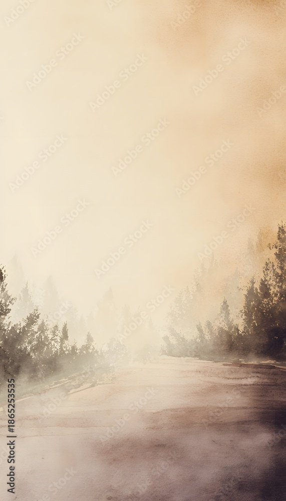 Obraz premium Serene watercolor forest road bathed in golden sunset light a tranquil artistic landscape