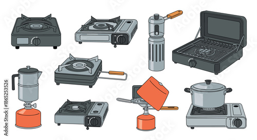 Set of various portable gas stoves and outdoor cooking equipment for camping adventures and wilderness hiking and travel.