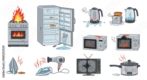 Set of broken and damaged household appliances featuring a burning stove and leaking refrigerator and microwave.