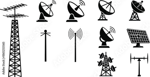Collection of communication towers and satellite dishes black silhouette on transparent background