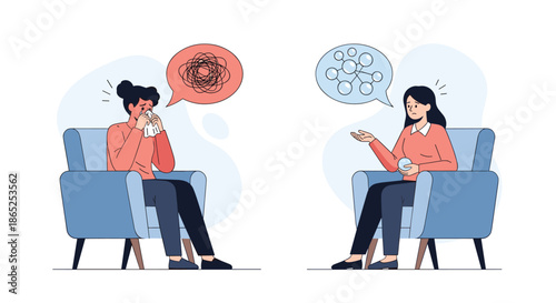 Two women engaged in a psychological counseling session with thought bubbles representing mental health and therapy.