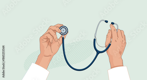 Close up of human hands holding a medical stethoscope chest piece against a light green background for healthcare.