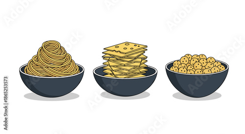 Three bowls containing different types of food including spaghetti noodles and sliced cheese and round cereal snacks.
