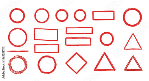 Collection of hand drawn red geometric shapes like circles and squares and triangles for highlighting text and creating frame borders.
