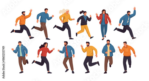 Group of diverse men and women running in different directions wearing casual autumn and winter clothing for active life and fitness.