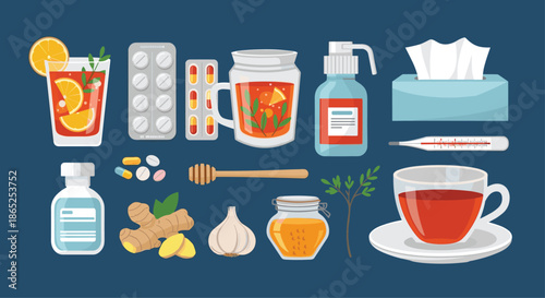 Set of home remedies for cold and flu including herbal tea and pills and ginger and garlic and honey on blue background.
