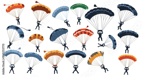 Large group of skydivers descending with colorful open parachutes against a bright white and blue background for extreme sport theme.