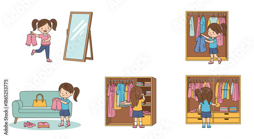 Young girl choosing outfits and looking at herself in the mirror and organizing her clothes in a wardrobe for bedroom interior design.