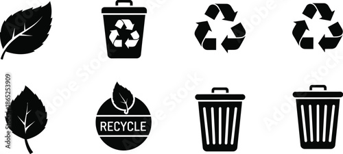 Environmental icons featuring leaf recycle bin and recycling symbols on transparent background silhouette