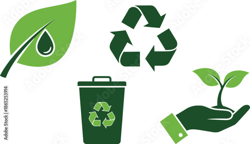 Green recycling symbols with leaf sprout hand and bin on transparent background silhouette