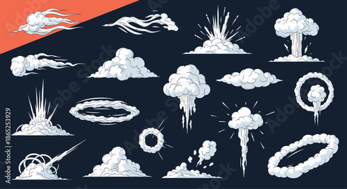 Large collection of cartoon smoke and cloud effects representing explosions trails and rings on dark background.