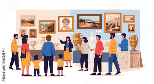 People visiting a museum art gallery looking at ancient paintings sculptures and historical pottery.