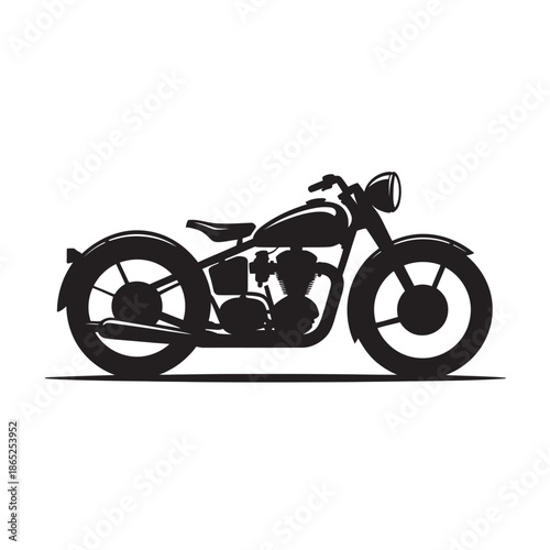 Detailed black silhouette of a classic vintage motorcycle side view on a clean white background