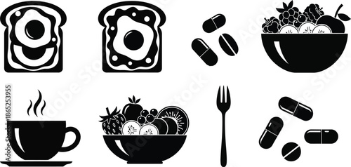 Breakfast food icons set with coffee fruit and pills on transparent background silhouette