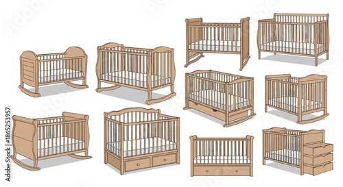 Collection of various wooden baby cribs and cradles in different designs including some with drawers.