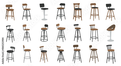 Large collection of modern bar stools and high chairs in various styles materials and colors.