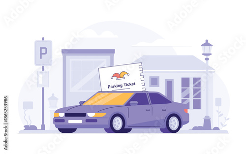 A vector graphic illustration of a purple car receiving a parking ticket on a city street
