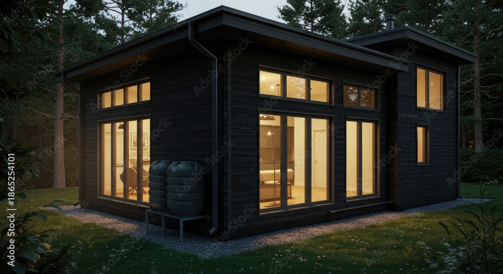 Fototapeta premium Dark modern cabin nestled in a tranquil forest at twilight. Large windows illuminate the interior