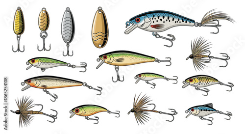 Detailed set of fishing lures and artificial baits including crankbaits spoons and flies for angling hobby.