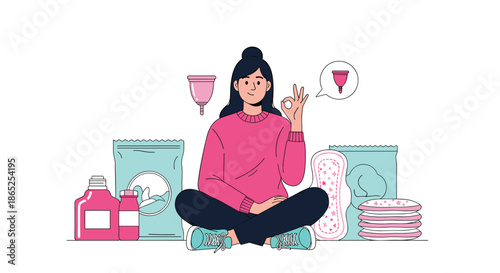 Young woman sitting cross-legged surrounded by menstrual hygiene products like pads, tampons, and menstrual cups representing period care and health.