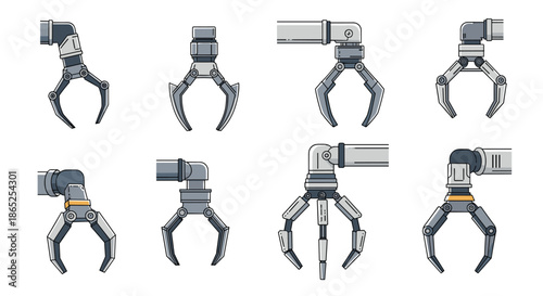 Collection of different industrial robotic arm grippers and mechanical claws used in automation, manufacturing, and technology research labs.