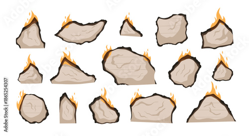 Assorted pieces of old burnt paper with smoldering edges and small flames for creative design, mystery themes, or historical concepts.