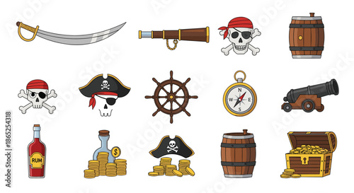 Large collection of pirate-themed icons including swords, treasure chests, cannons, skulls, and navigation tools for adventure and maritime themes.