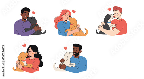 Diverse group of people showing love and affection to their pet dogs through warm hugs and cuddles representing the bond with animals.