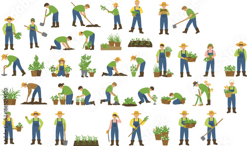 Collection of diverse farming activities with people working in a garden, planting, watering, and harvesting plants in various gardening tasks, showing teamwork and gardening techniques