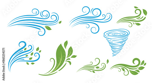 Stylized illustrations of wind gusts, falling leaves, and a spinning tornado representing different weather patterns and seasonal changes in nature.