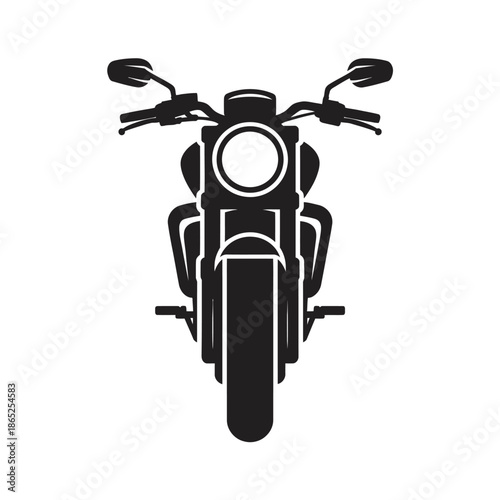 Black and white graphic icon of a classic cruiser motorcycle in front view on white background