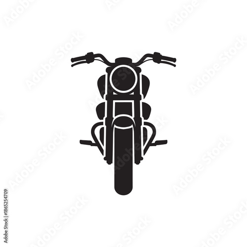 A minimalist black and white icon illustration showing the front view of a classic cruiser motorcycle