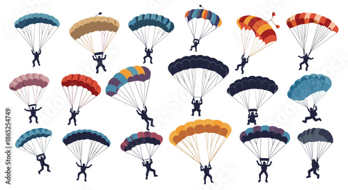 Numerous skydivers descending through the air with colorful parachutes in various shapes, patterns, and sizes for extreme sports.