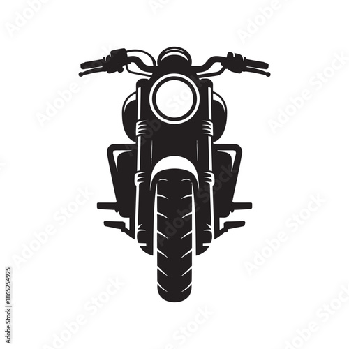 A striking black silhouette of a classic cruiser motorcycle viewed from the front