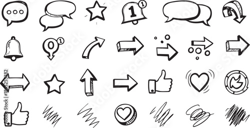 Set of Hand-Drawn Social Media Icons featuring Sketchy Speech Bubbles, Notification Bells, Thumbs Up Likes and Decorative Directional Arrows